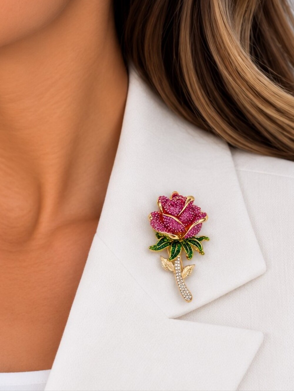 💎 Pink Rhinestone Rose Brooch Gold Tone Floral Flower Pin Green Leaf NWOT
